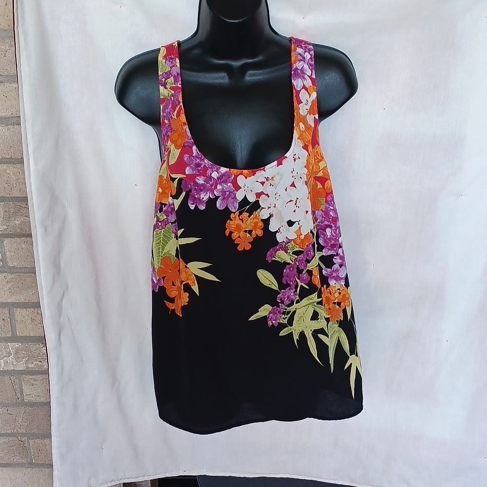 Apt 9 sleeveless tropical design top, racer back, black/orange, M